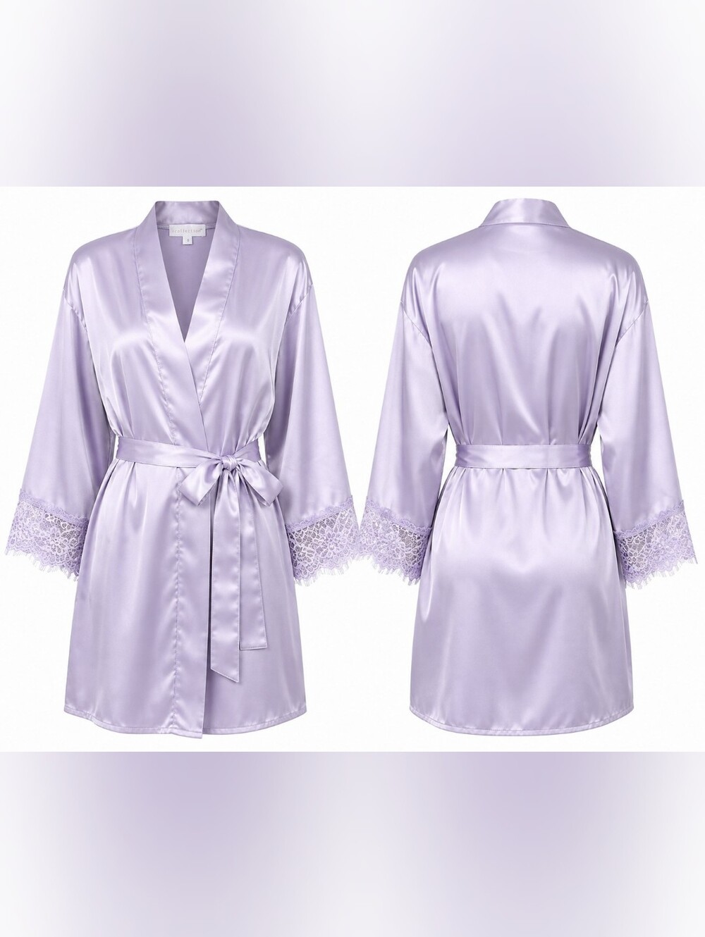 NWT iCollection Jill Light Lilac Satin Lace Trim Kimono Robe Small Bridal Pastel